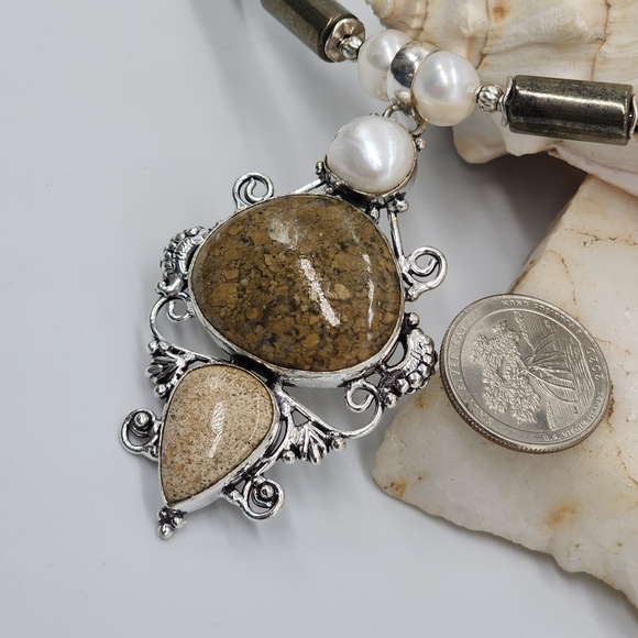 Genuine Stones Natural Pearl/Jasper/Coral Fossil Silver Pendant Necklace - Picture 2 of 11